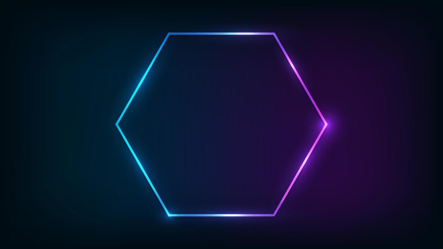 Neon hexagon frame with shining effects on dark background. Empty glowing techno backdrop. Vector illustration.