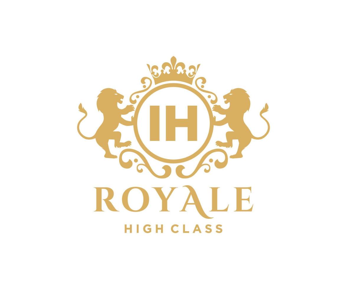 Golden Letter IH template logo Luxury gold letter with crown. Monogram alphabet . Beautiful royal initials letter. vector