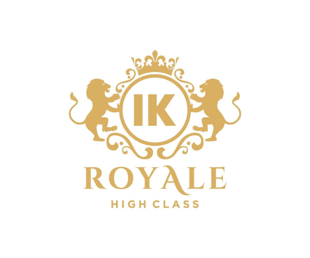 Golden Letter IK template logo Luxury gold letter with crown. Monogram alphabet . Beautiful royal initials letter. vector