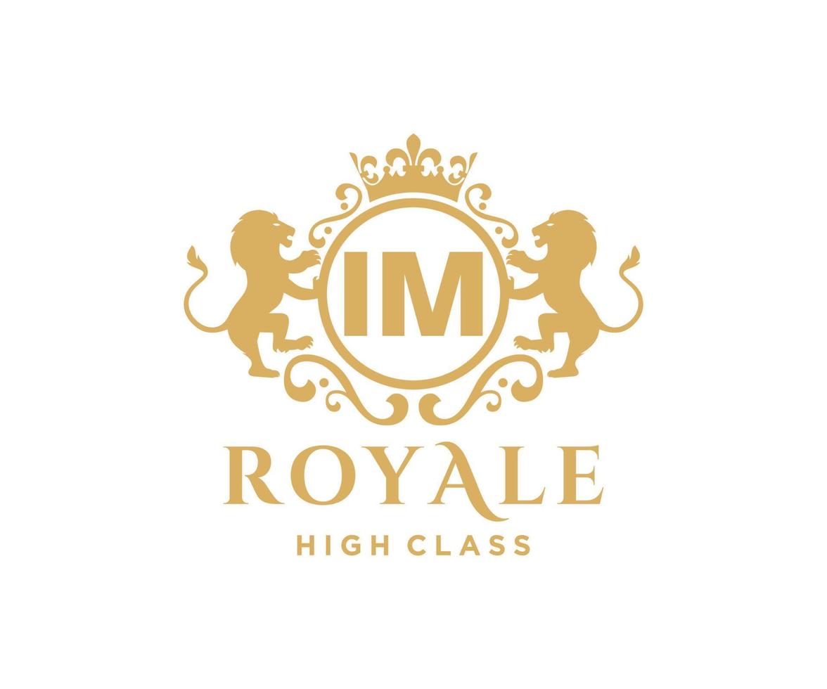 Golden Letter IM template logo Luxury gold letter with crown. Monogram alphabet . Beautiful royal initials letter. vector
