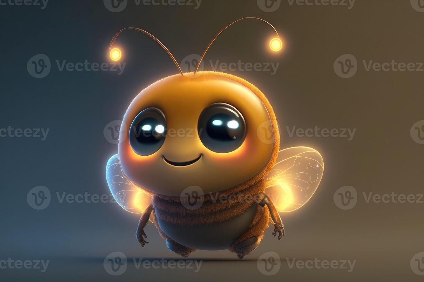 3D Cute smile little firefly kawaii character. Realistic firefly with big eyes photo