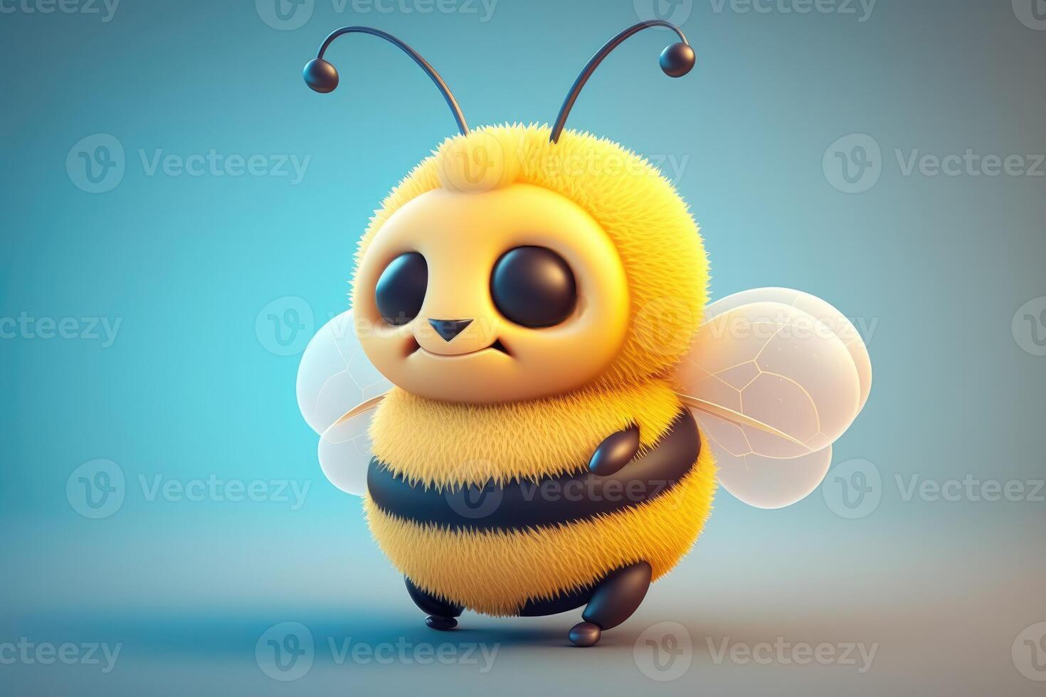 3D Cute smile little bee kawaii character. Realistic bee with big eyes. photo