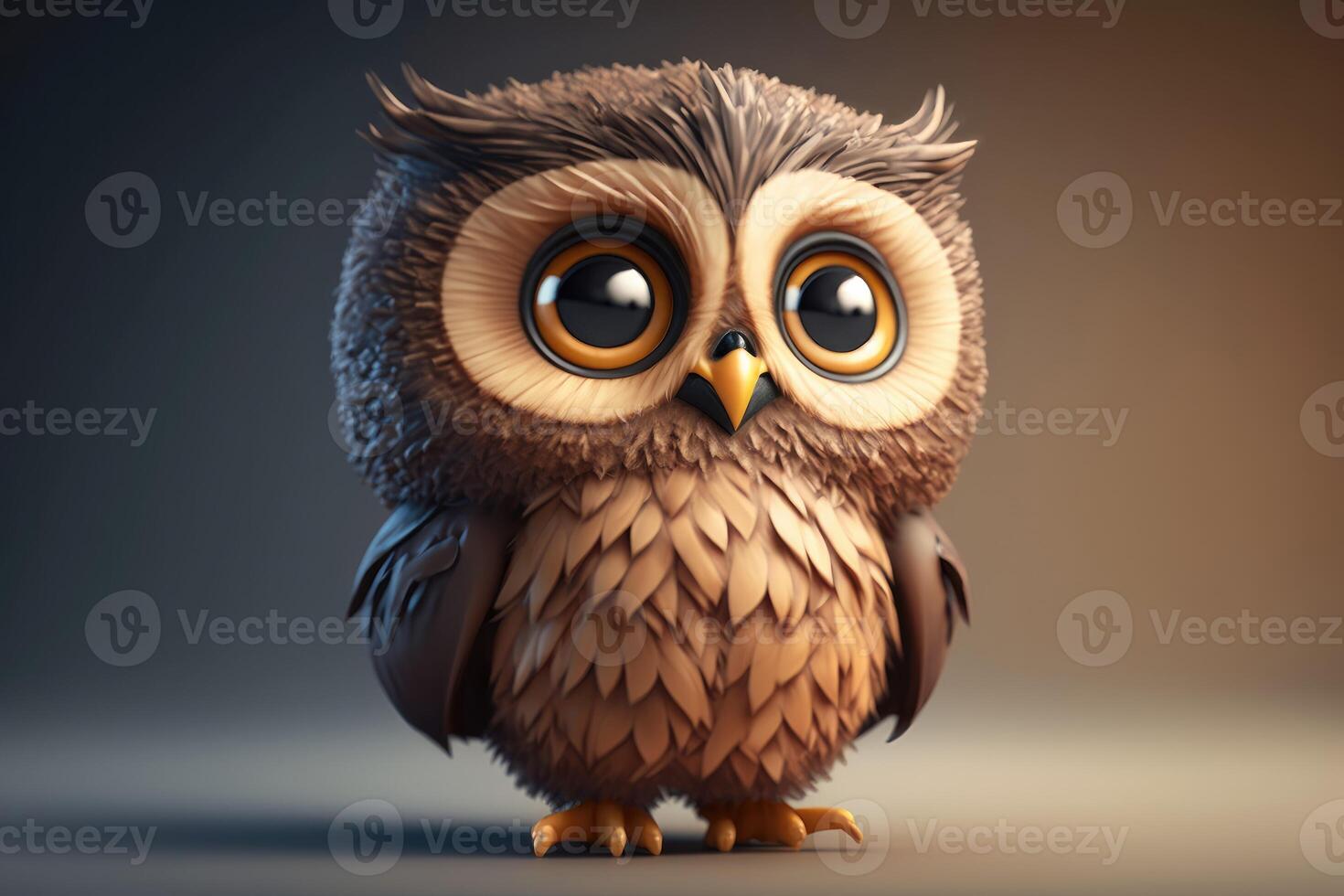 3D Cute little owl kawaii character. Feathered realistic owlet with big eyes. photo