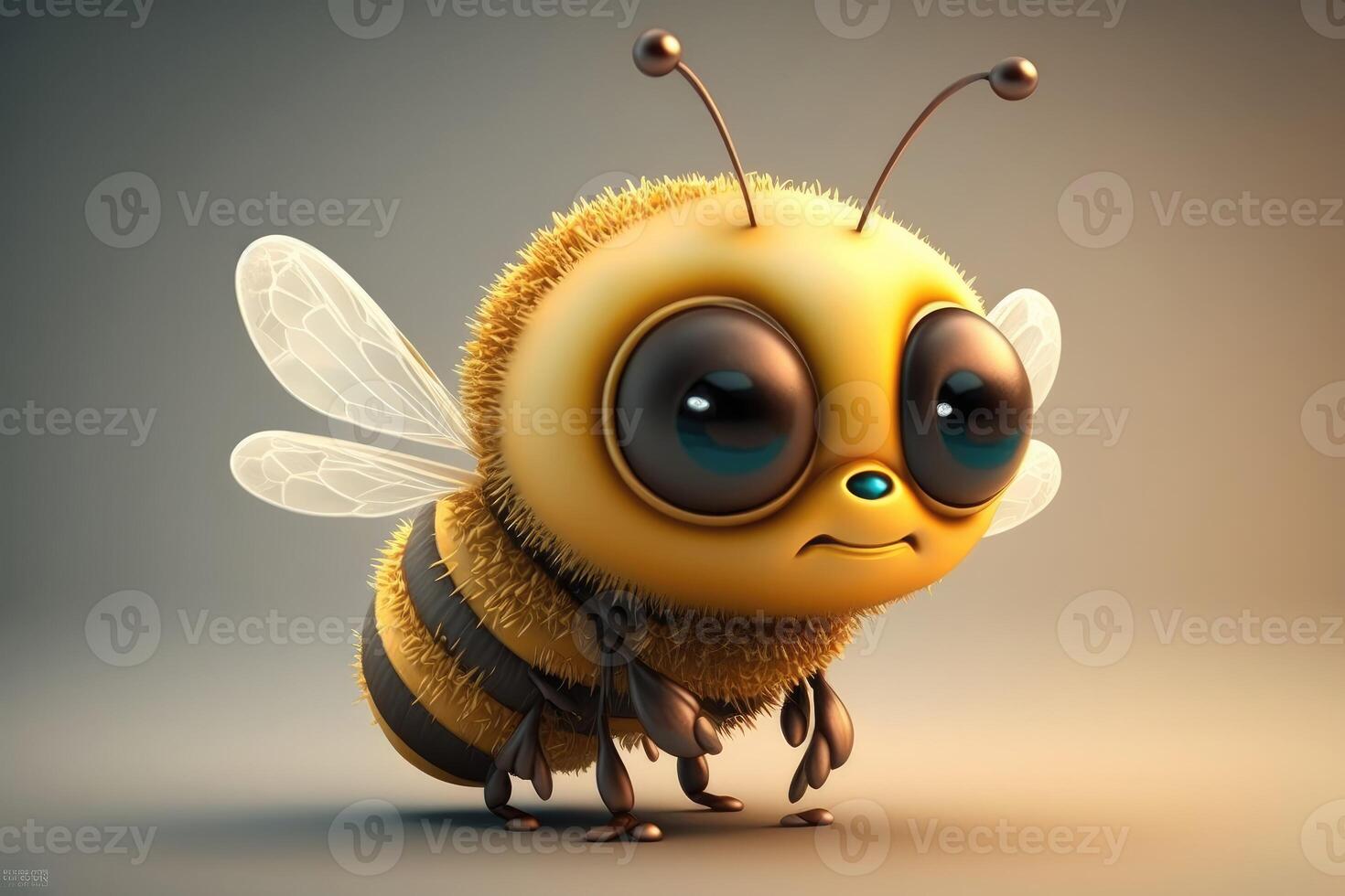 3D Cute smile little bee kawaii character. Realistic bee with big eyes. photo