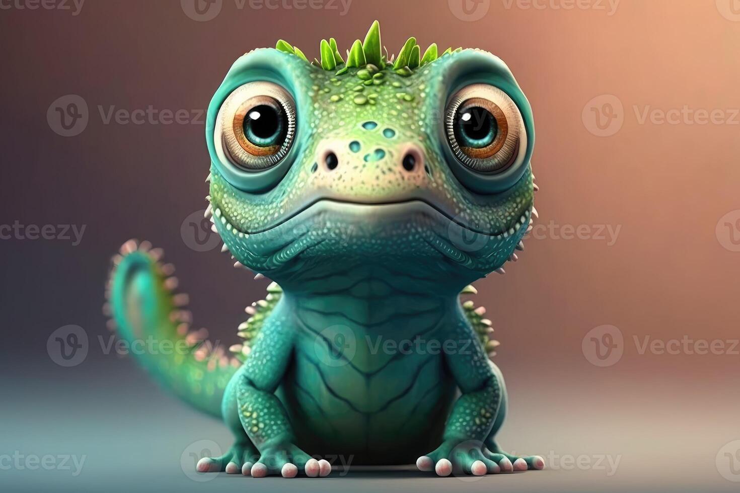 ai generado 3d linda sonrisa pequeño iguana kawaii personaje. realista iguana con grande ojos. foto