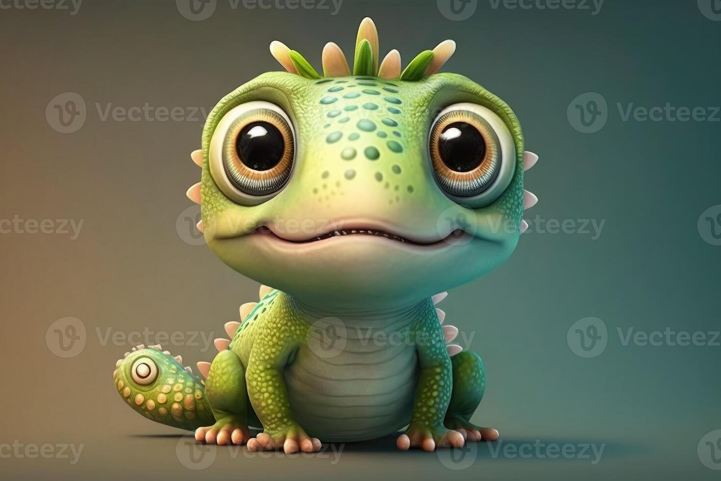 ai generado 3d linda sonrisa pequeño iguana kawaii personaje. realista iguana con grande ojos. foto