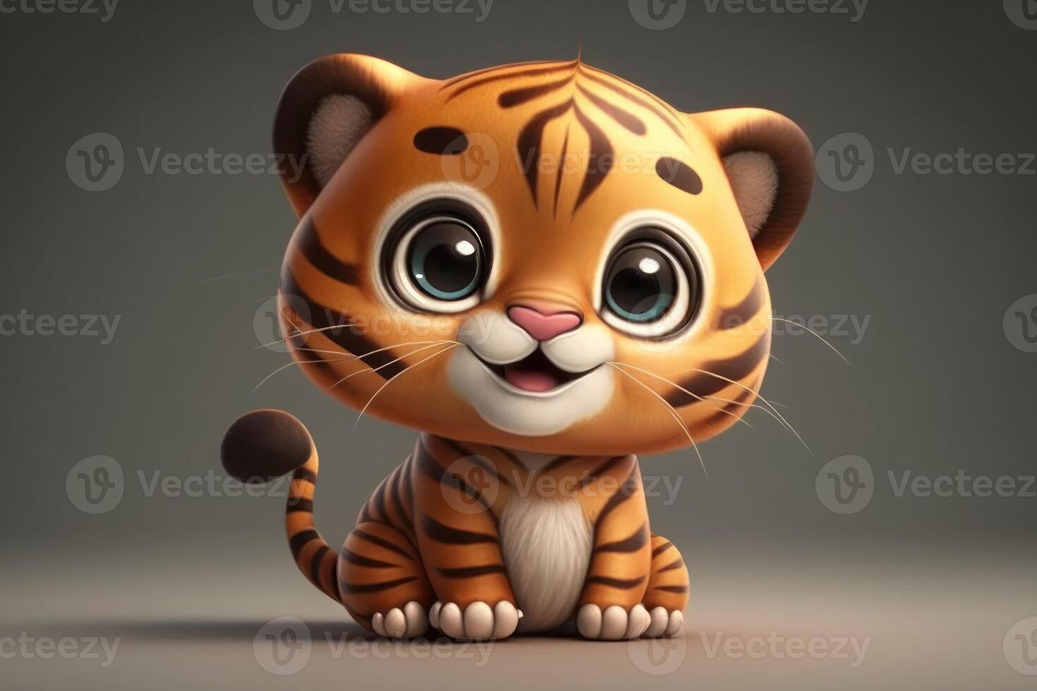 3D Cute smile little tiger kawaii character. Realistic cub with big eyes. photo