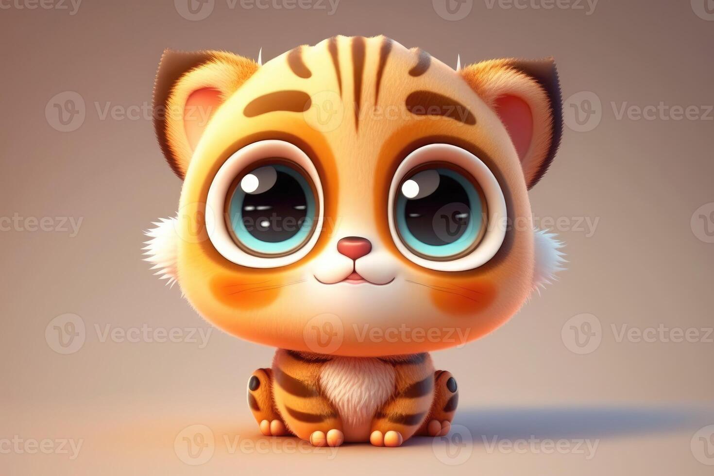 3D Cute smile little tiger kawaii character. Realistic cub with big eyes. photo