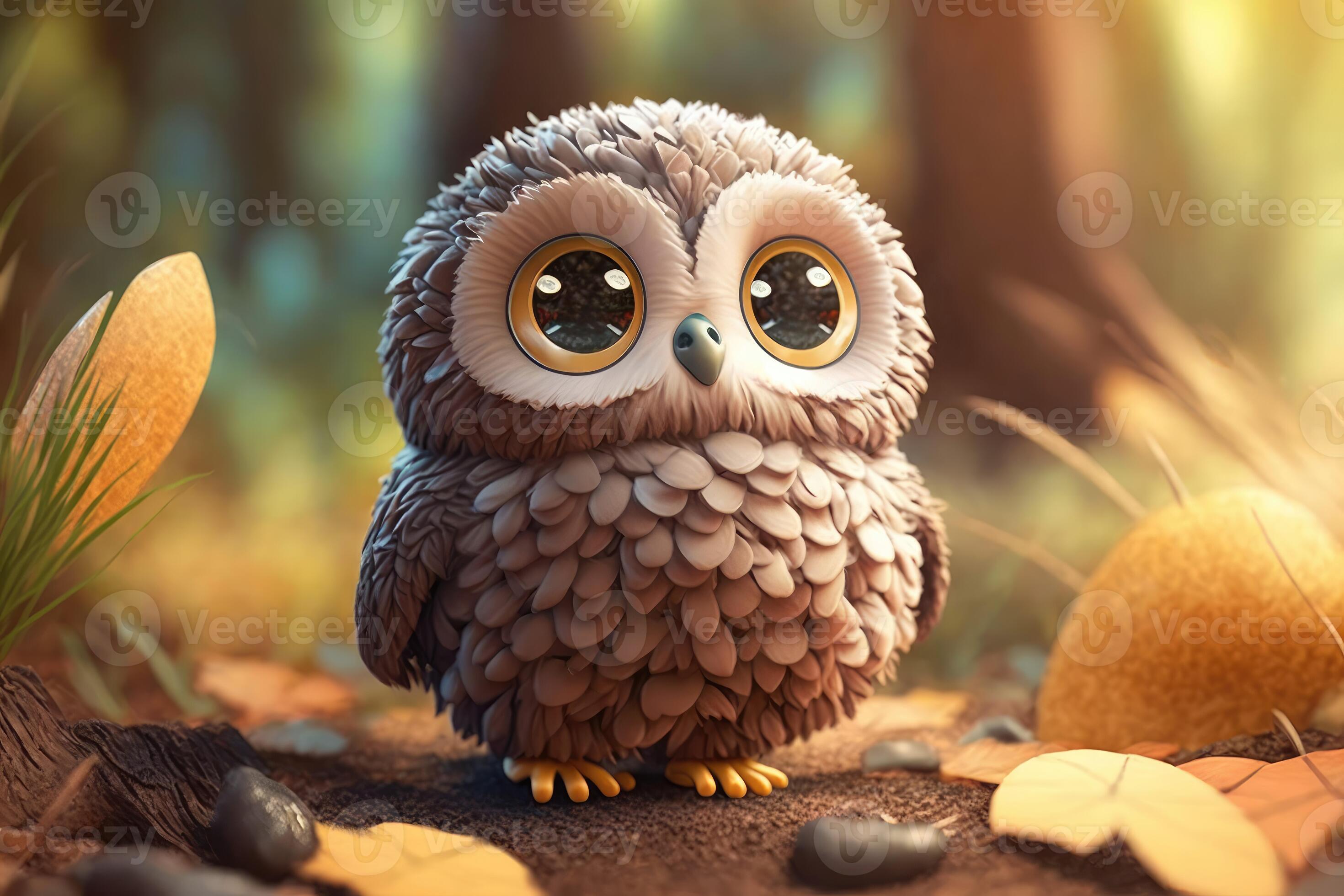 3D Cute little owl kawaii character. Feathered realistic owlet with big
