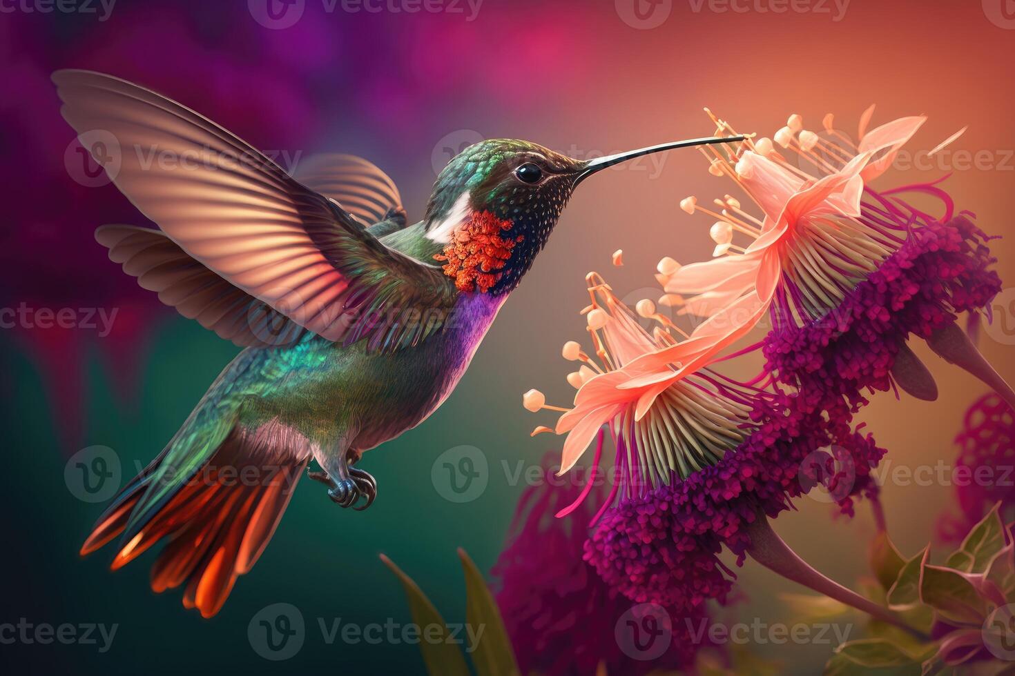 ai generado colibrí apesta néctar desde flor en el Mañana. cerca arriba. foto
