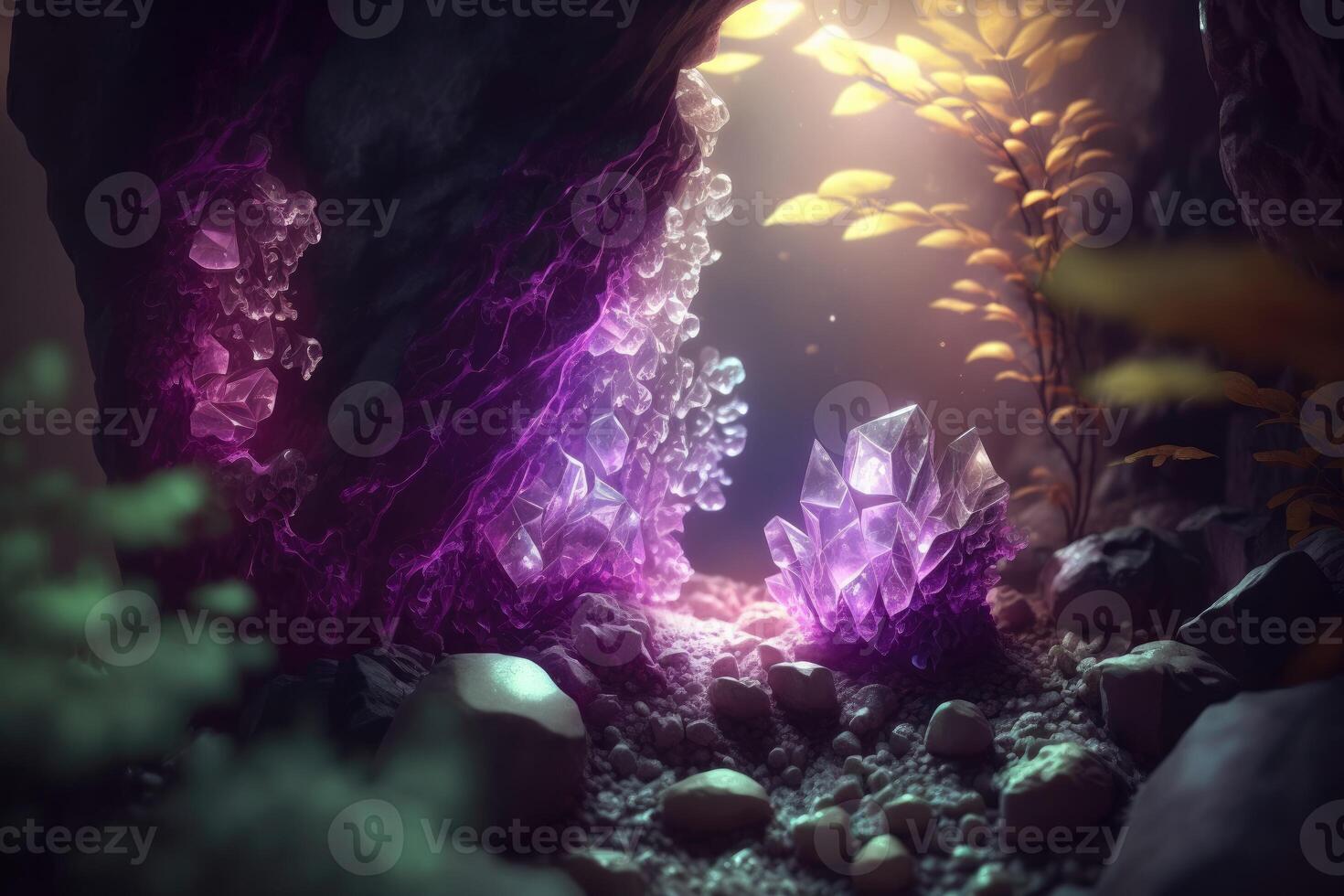 Purple crystal growing in a dark cave and sunlight hit the crystals