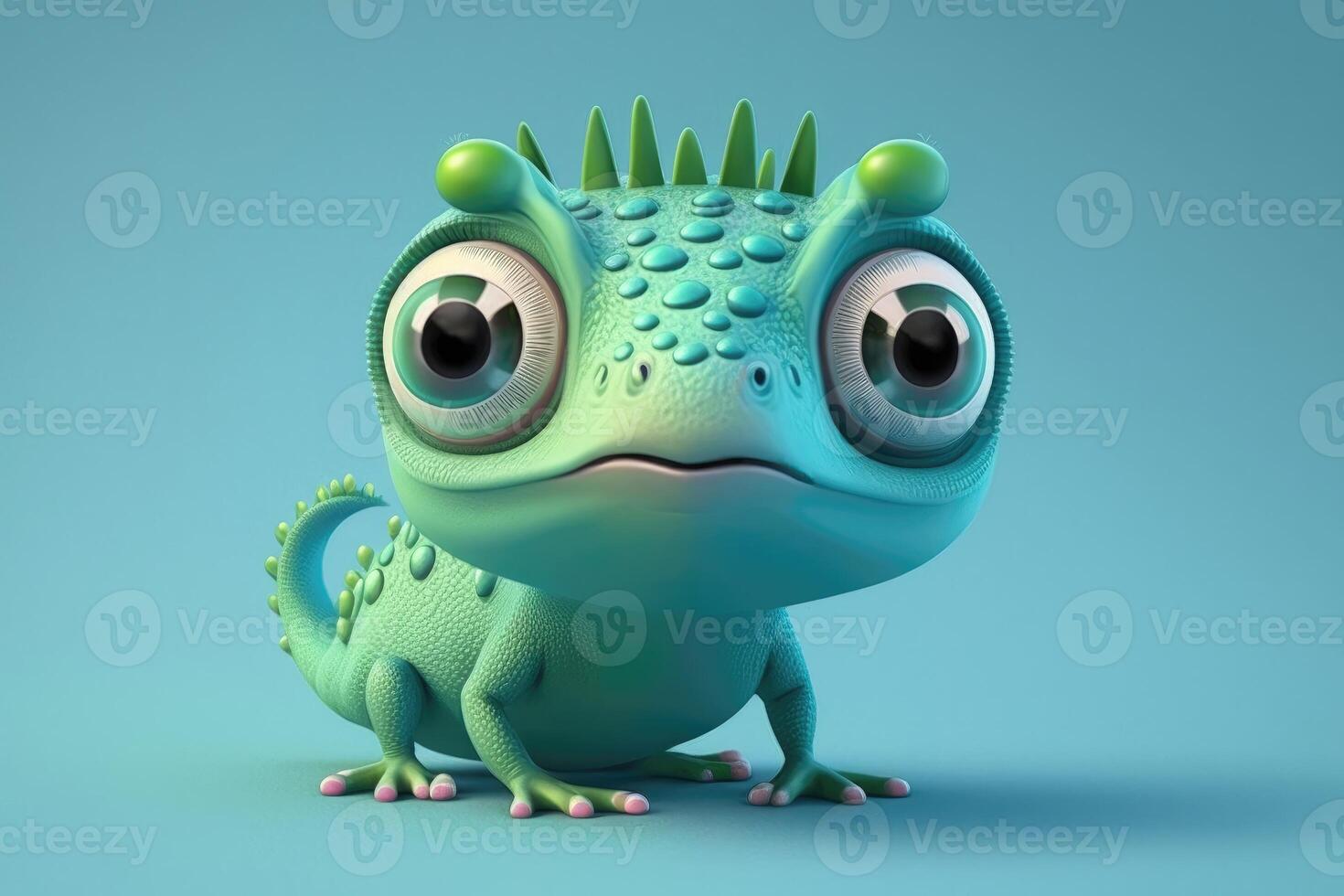 ai generado 3d linda sonrisa pequeño iguana kawaii personaje. realista iguana con grande ojos. foto