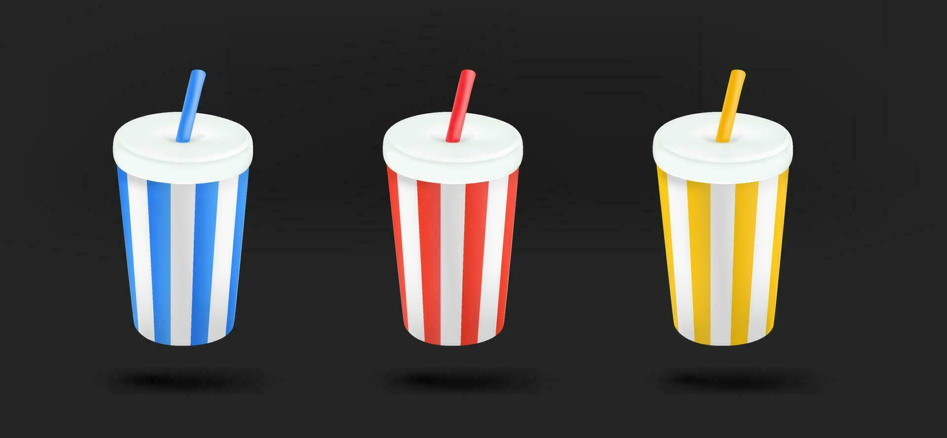 Different color paper cups icons collection. 3d vector isolated on black background