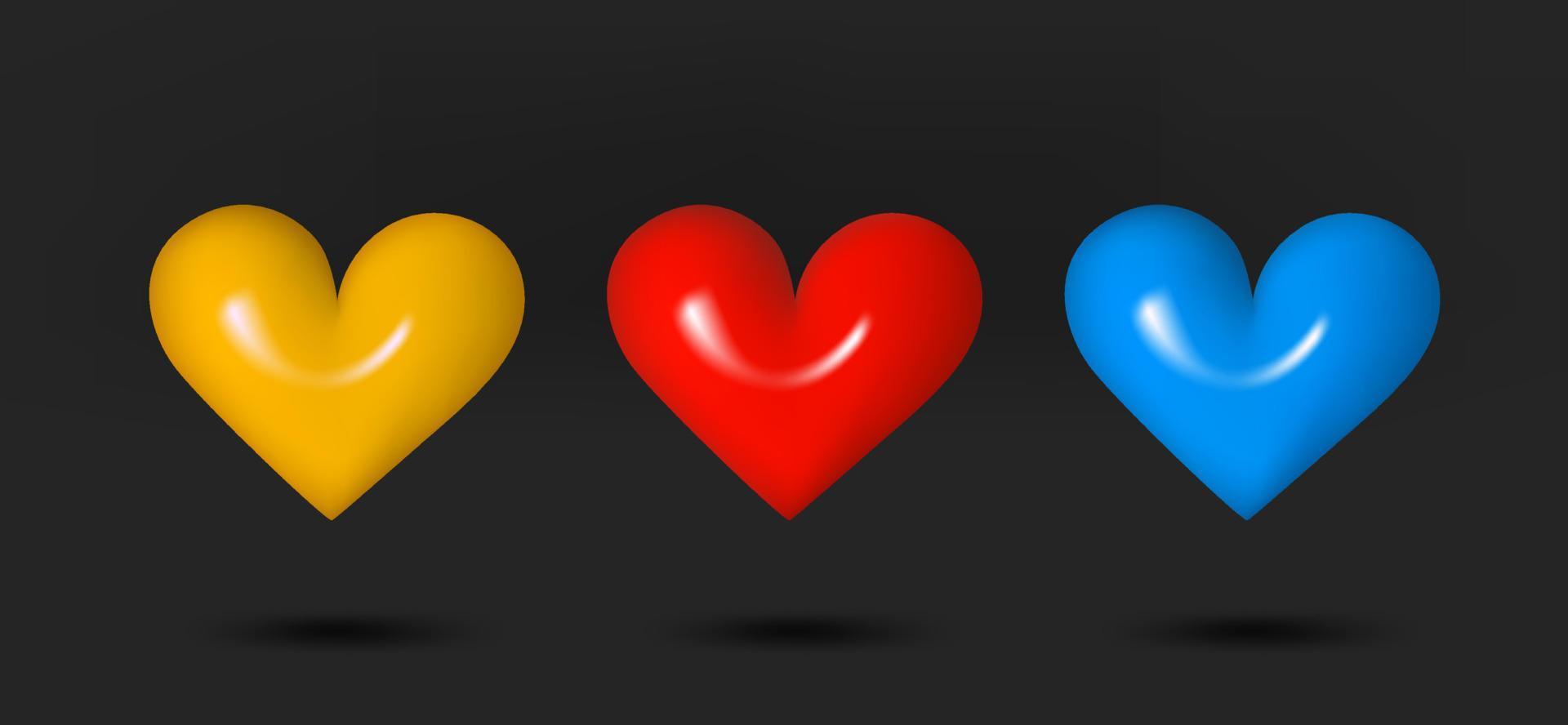 Color heart signs collection. 3d vector isolated on black background