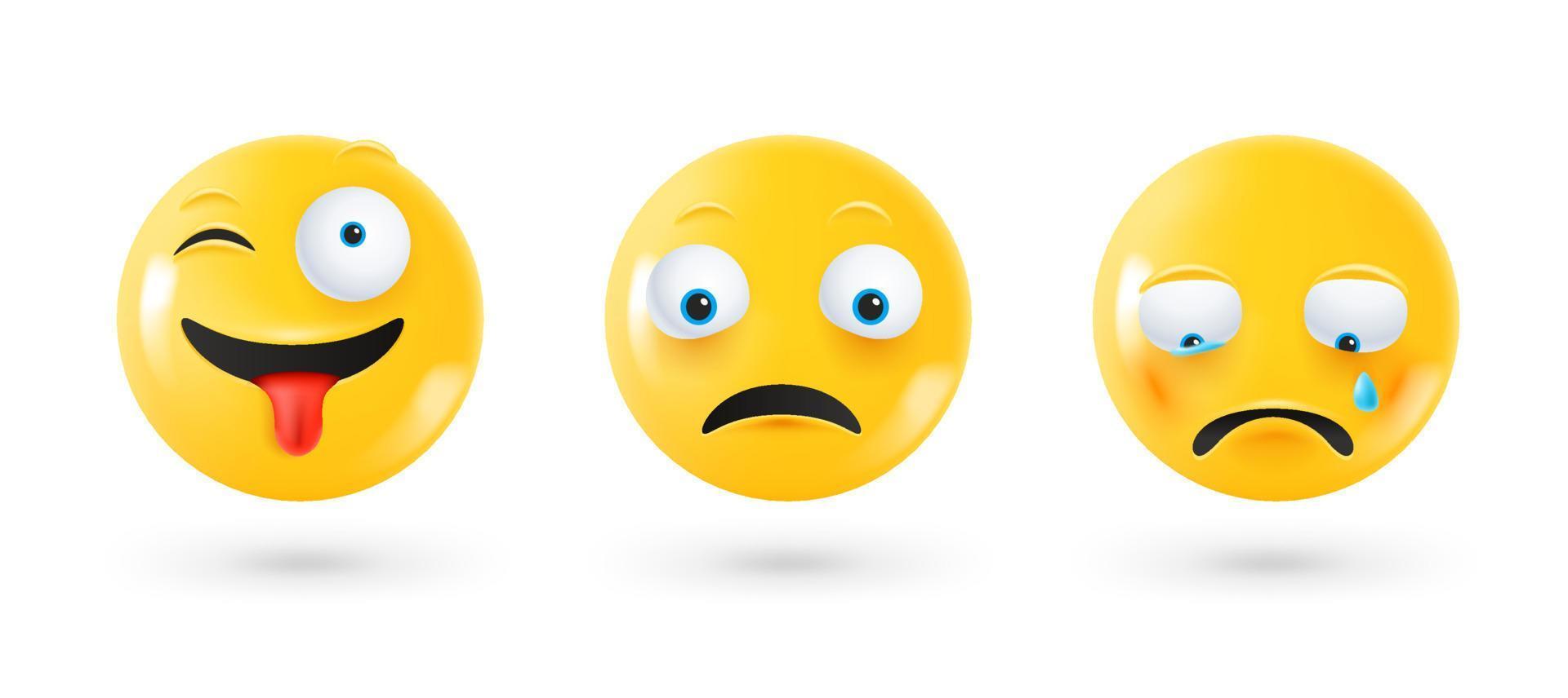 diferente facial emoticones 3d vector colocar. emoji aislado en blanco antecedentes con sombra