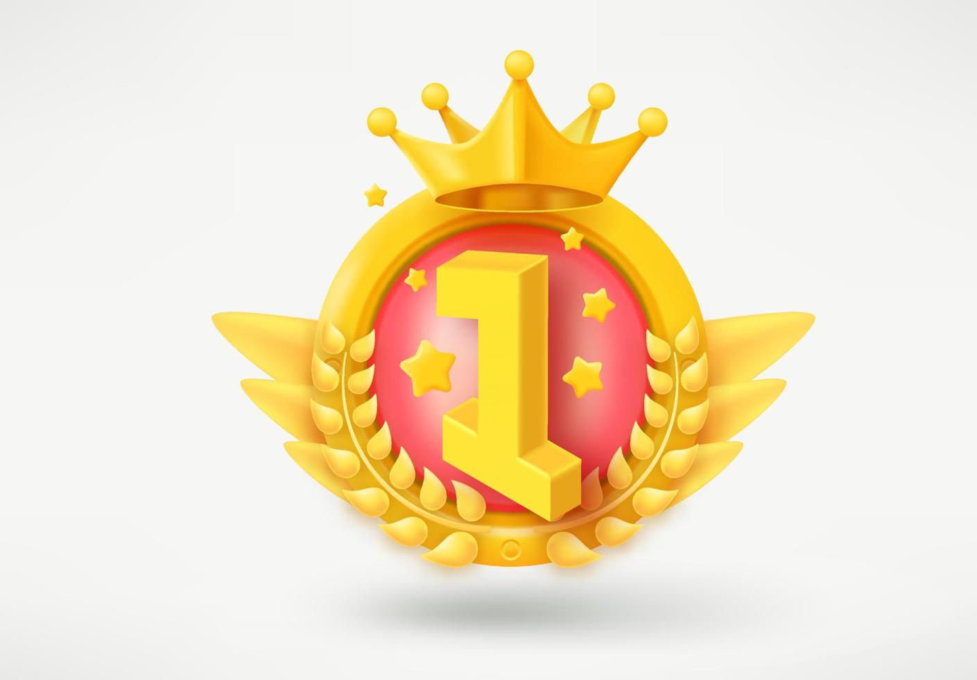 Game rank emblem with number 1 and wreaths. Game achievement 3d badge isolated on white background vector