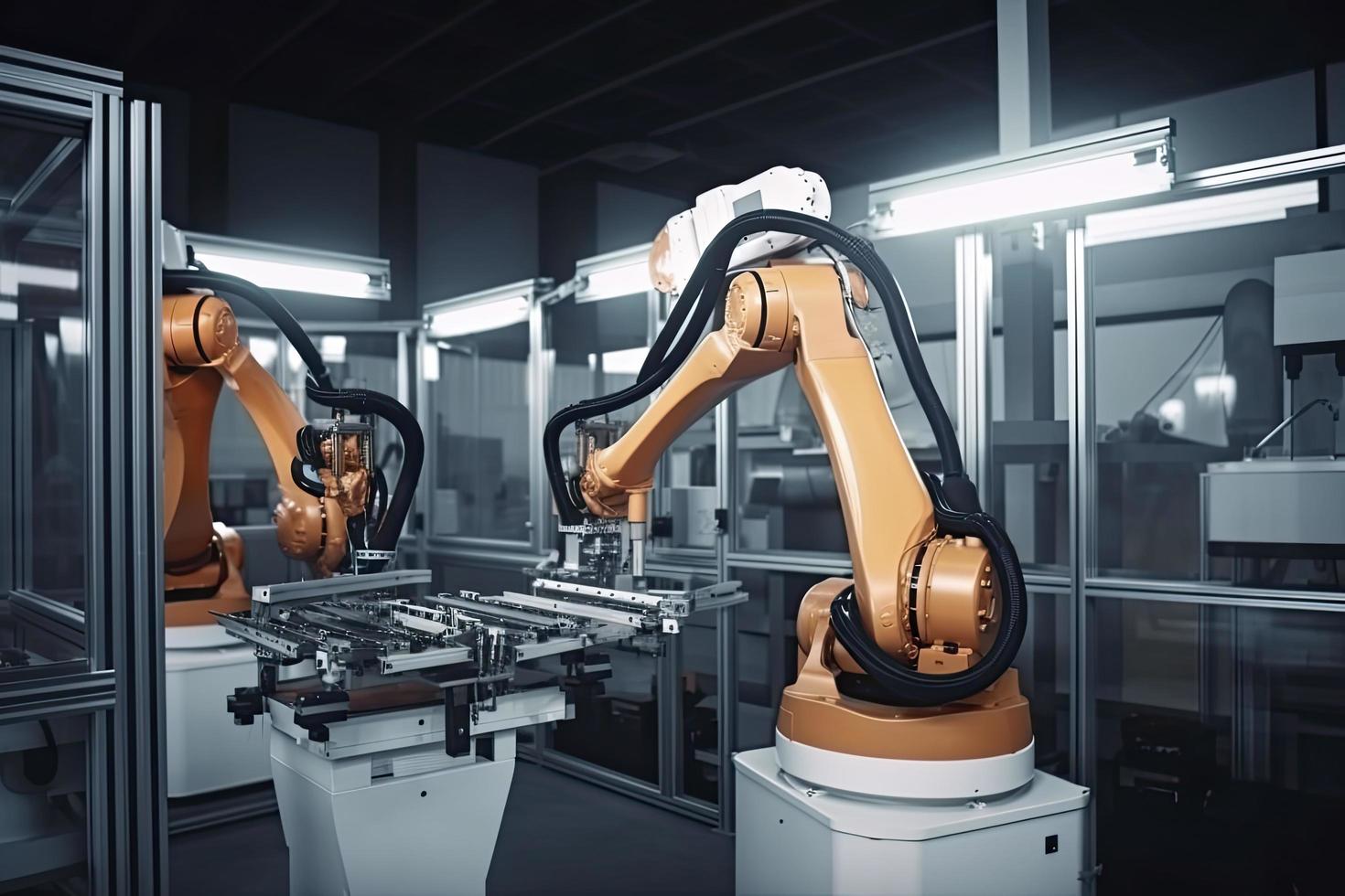 industrial máquina robot, inteligente moderno fábrica automatización utilizando avanzado máquinas, industrial 4.0 fabricación proceso foto