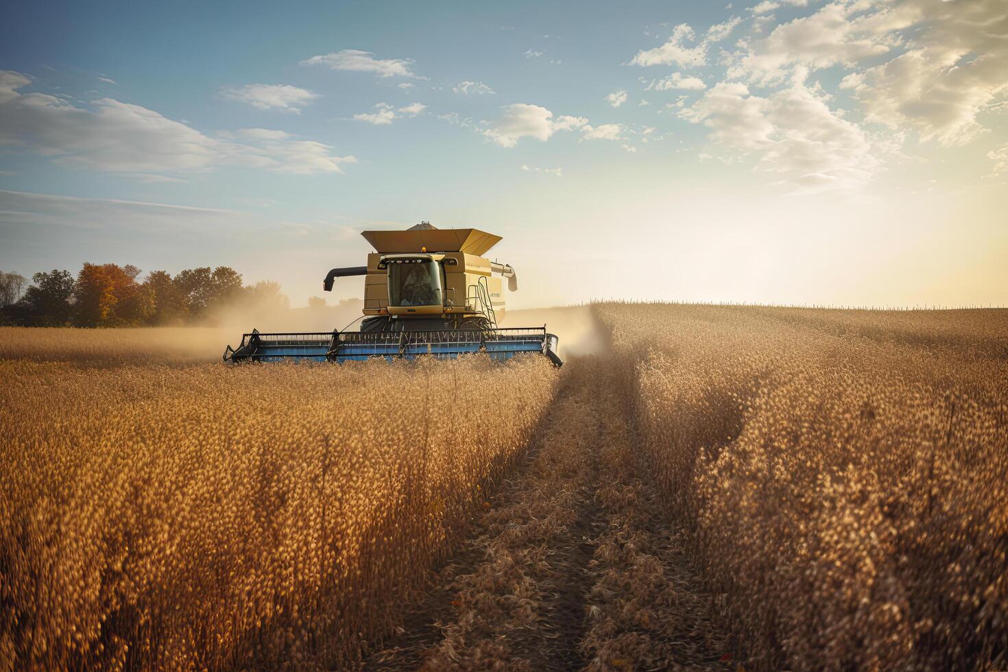 Harvesting of soybean field with combine. photo