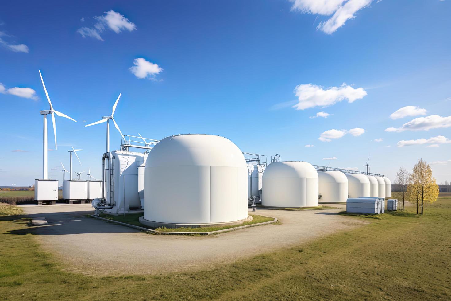 Green Hydrogen renewable energy production facility - green hydrogen gas for clean electricity solar and windturbine facility photo