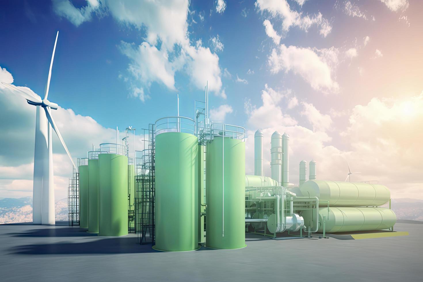 Green Hydrogen renewable energy production facility - green hydrogen gas for clean electricity solar and windturbine facility photo