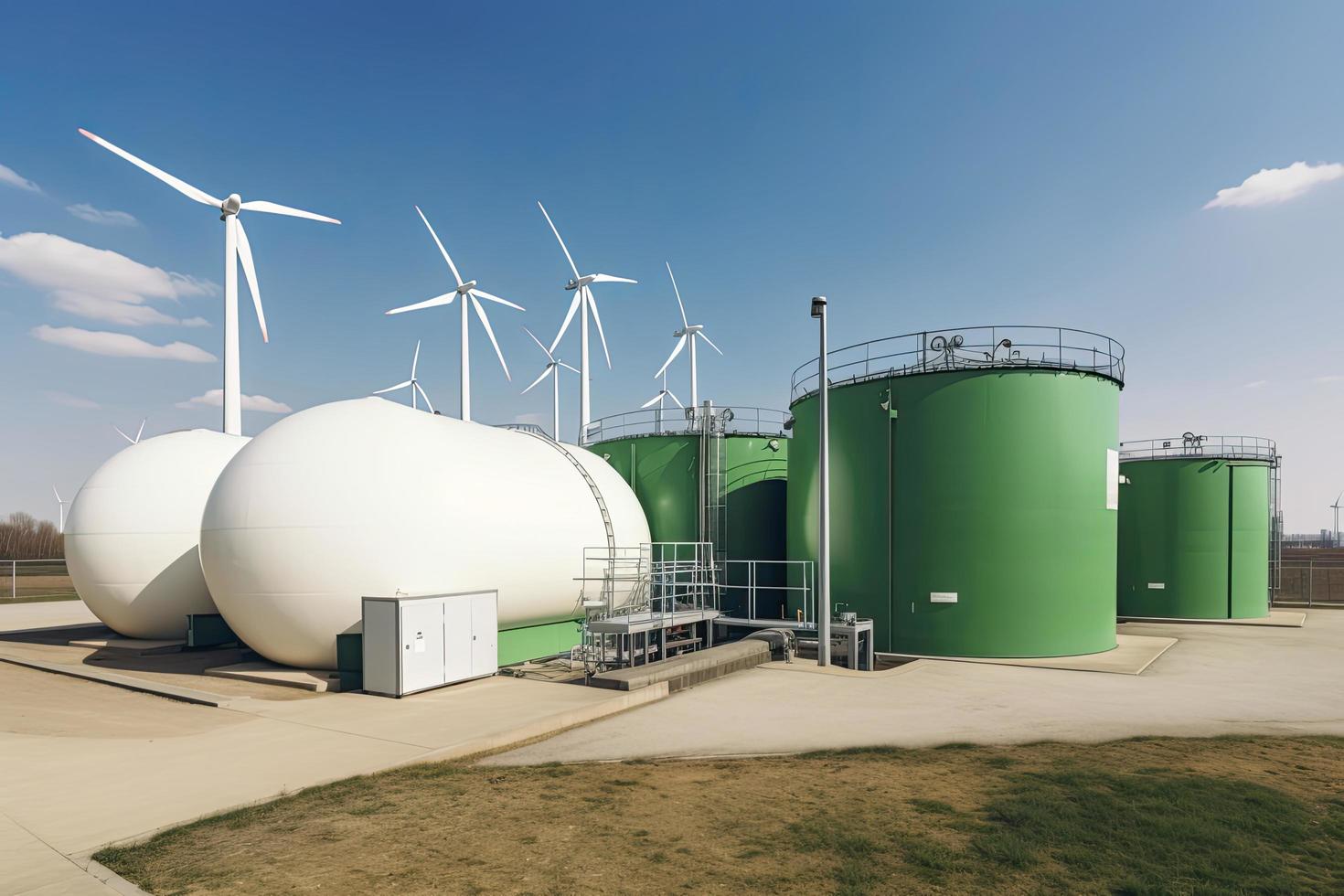 Green Hydrogen renewable energy production facility - green hydrogen gas for clean electricity solar and windturbine facility photo