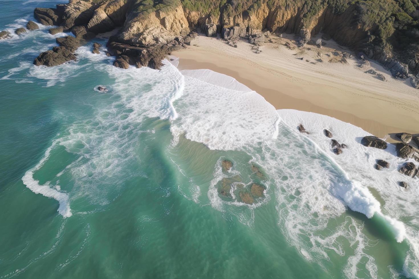 drone view of beach with waves and turquoise water photo