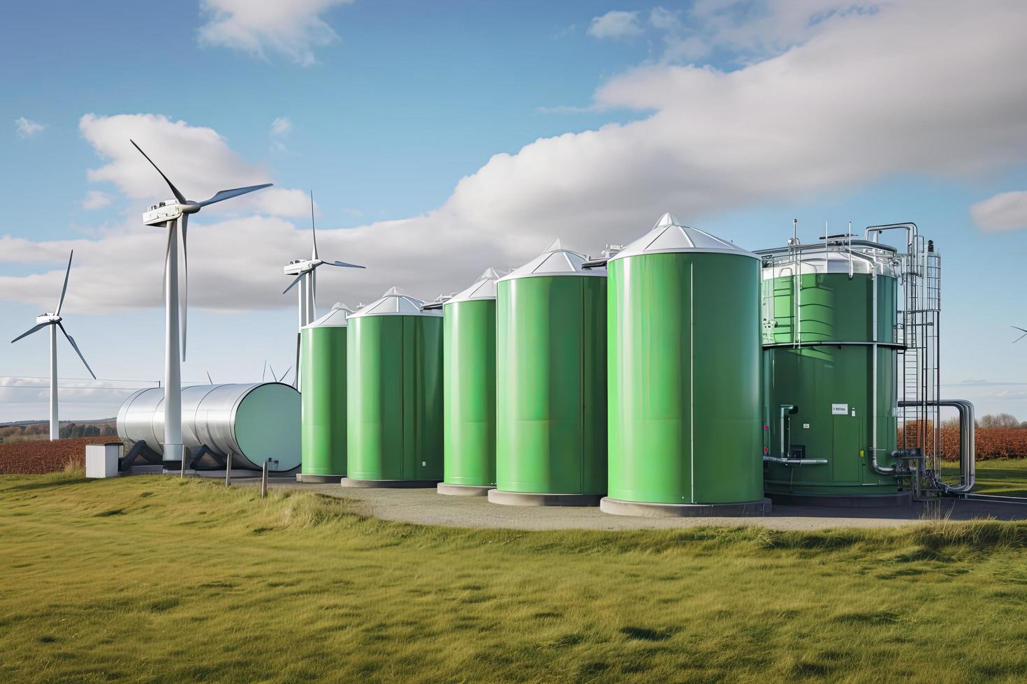 Green Hydrogen renewable energy production facility - green hydrogen gas for clean electricity solar and windturbine facility photo