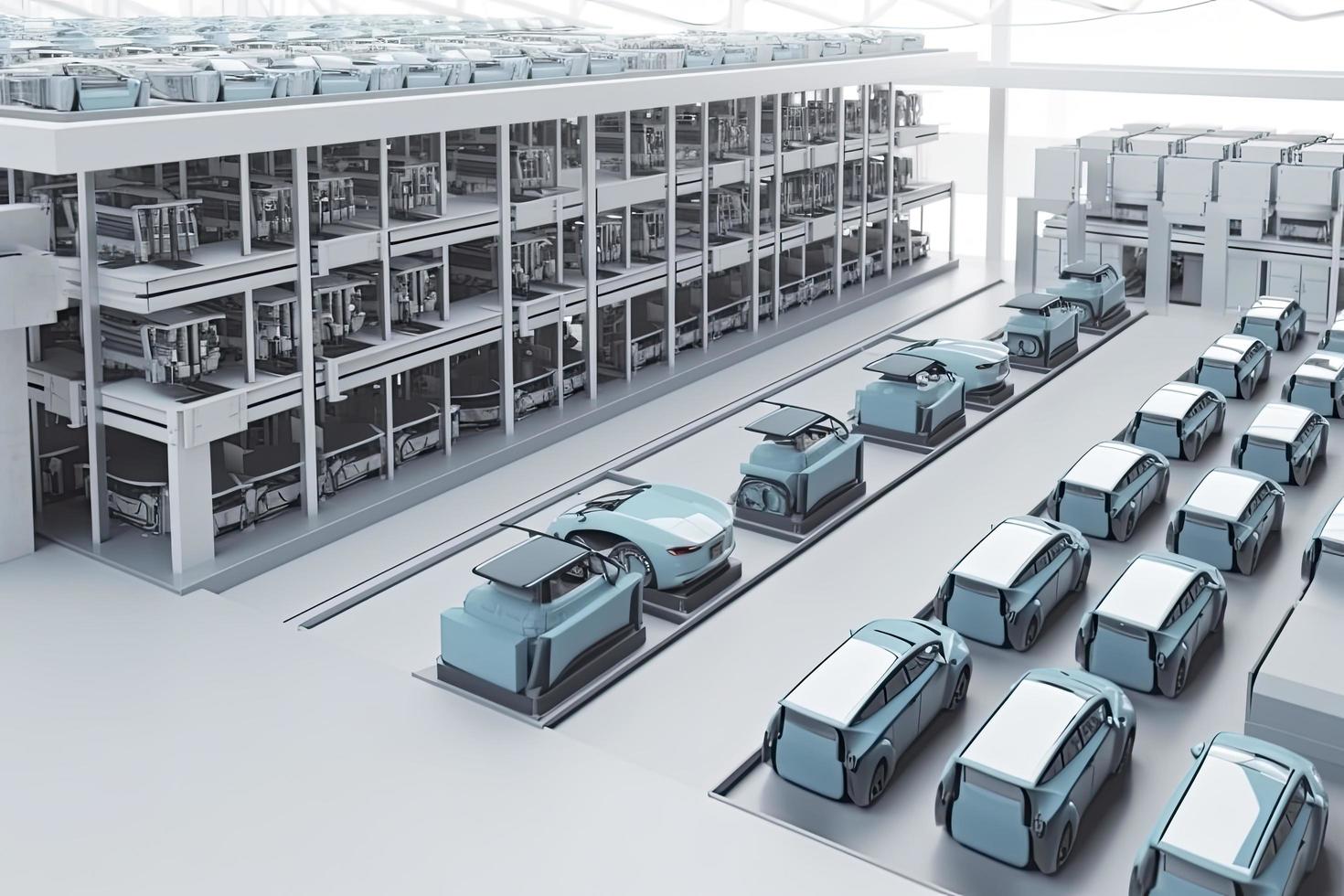 Automation automobile factory concept with 3d rendering robot assembly line with electric car battery cells module on platform photo