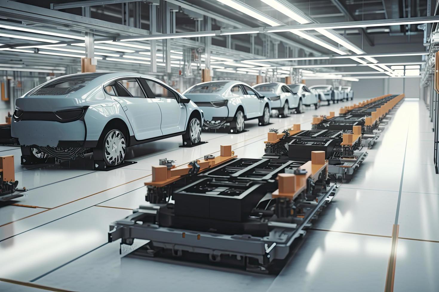 Automation automobile factory concept with 3d rendering robot assembly line with electric car battery cells module on platform photo