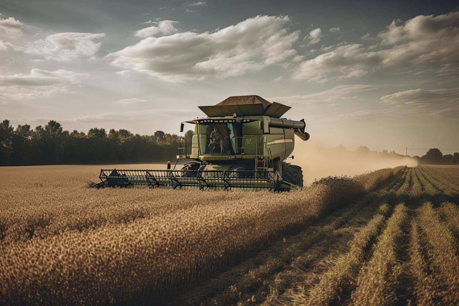 Harvesting of soybean field with combine photo