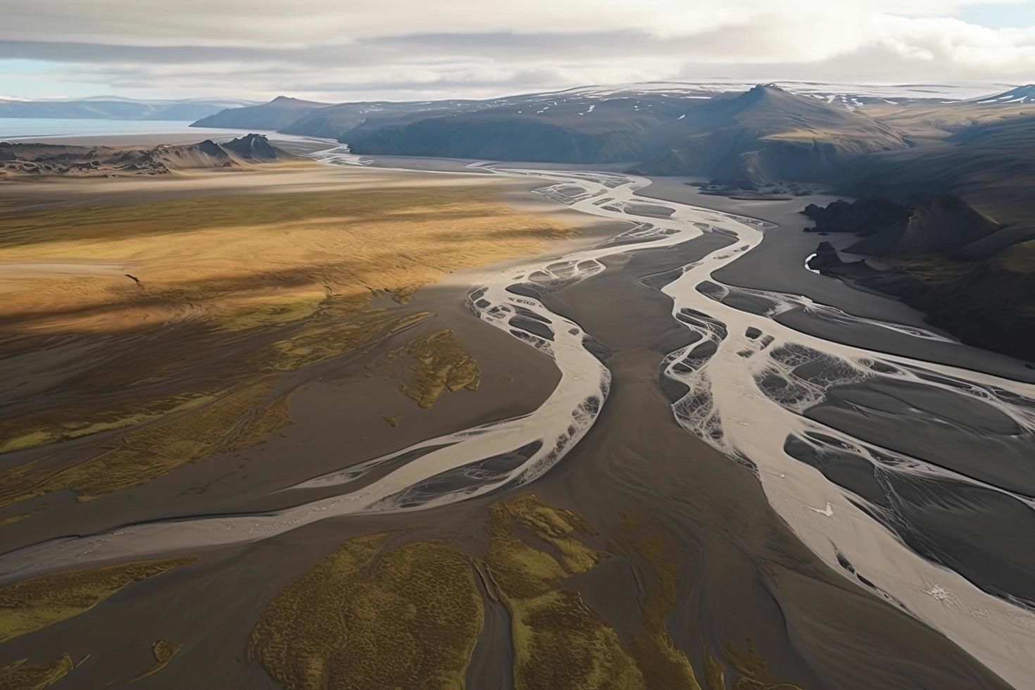 Aerial view of braided river. Scenic view of Markarfljot in Iceland photo