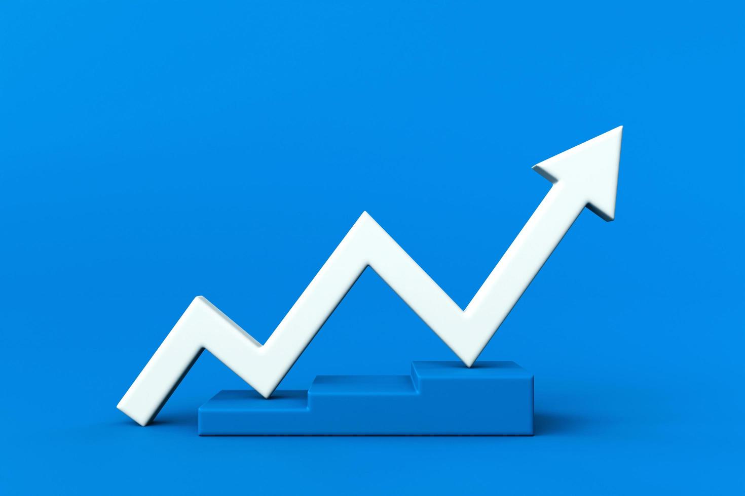 Graph arrow up on stair. Growing white arrow with stair on blue background. Simple white graph. Concept of growth and increase. Three-dimensional indicator arrow. 3d rendering. photo