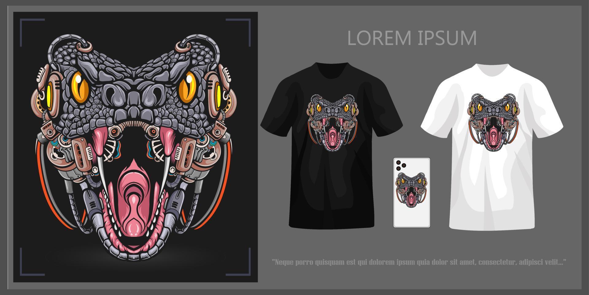 T shirt design featuring a mecha cobra head, complete with mockup. vector