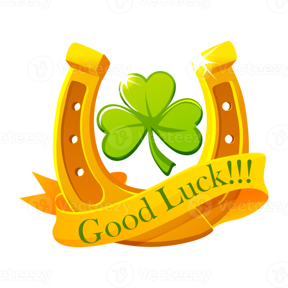 Green clover, Golden Horseshoe and ribbon. Good luck symbol. png