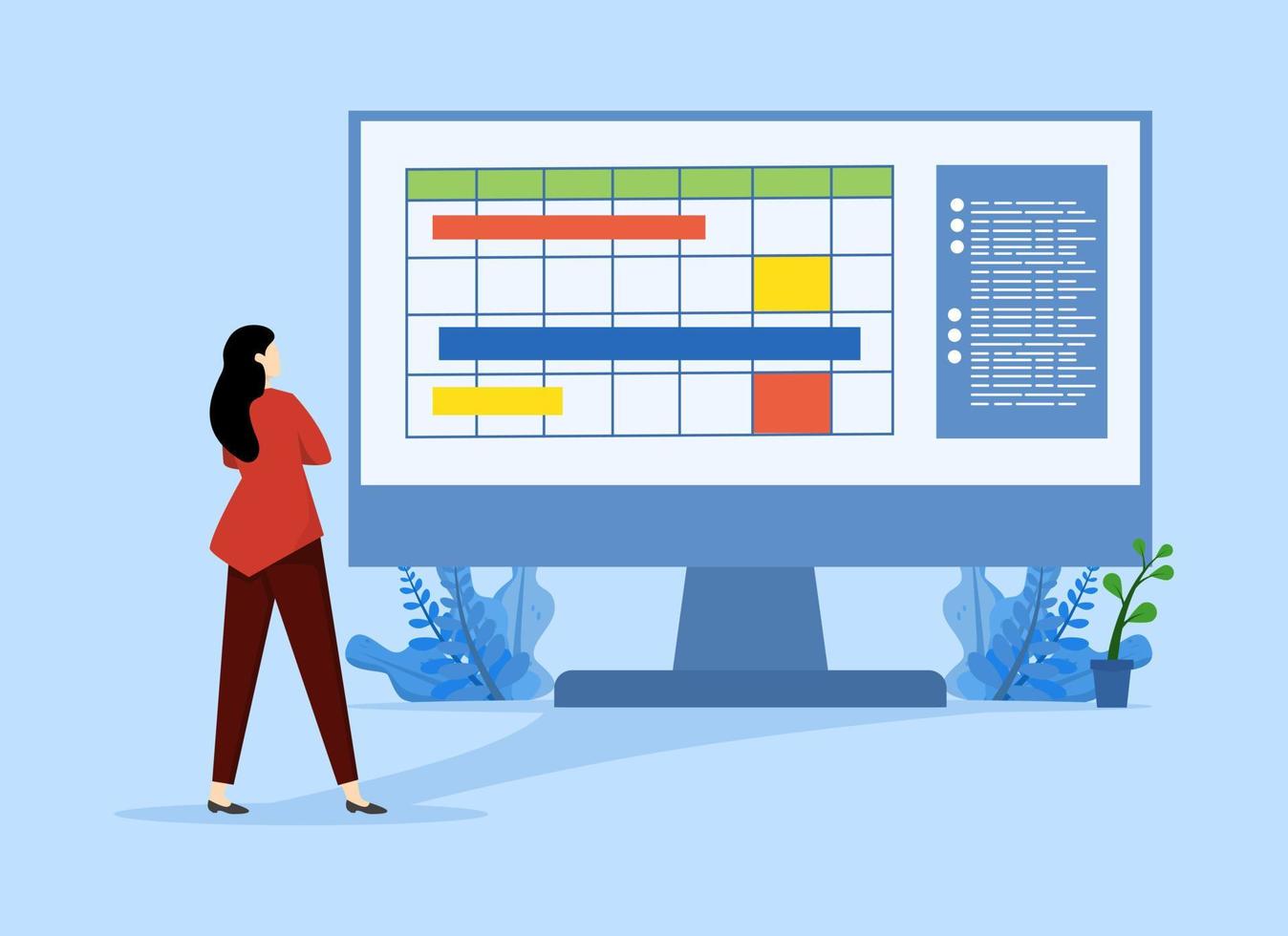 Project manager concept, business woman working managing project on computer screen. Project manager woman. Flat design vector illustration