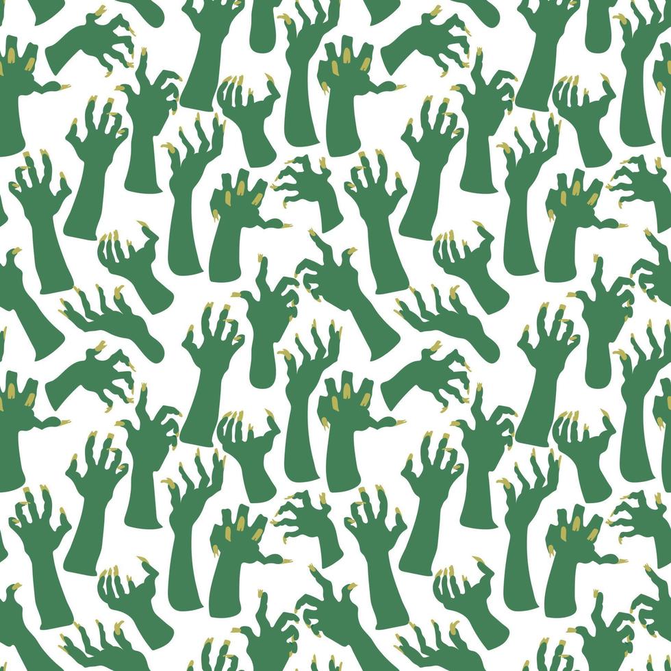 A pattern of dead man's hands, zombie hands trying to grab each other. Attacking green hands. It is well suited for Halloween-style decoration of paper and textile products. Scary hands on a white vector