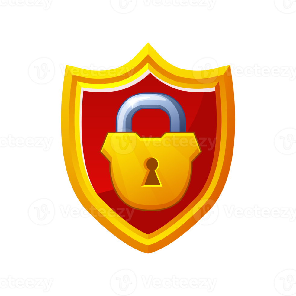 Golden shield award and padlock icon. Game icon. Block and security. png