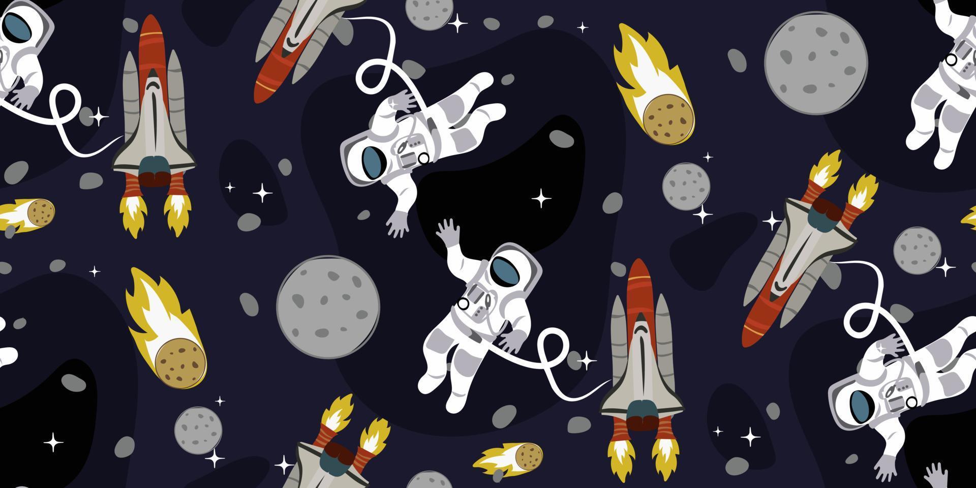 A pattern with an astronaut in space. Cosmonaut, rocket, sun, earth, stars, rocks, asteroids, moon, satellite. Background for printing on textiles and paper. Gift wrapping, bed linen. Children's vector