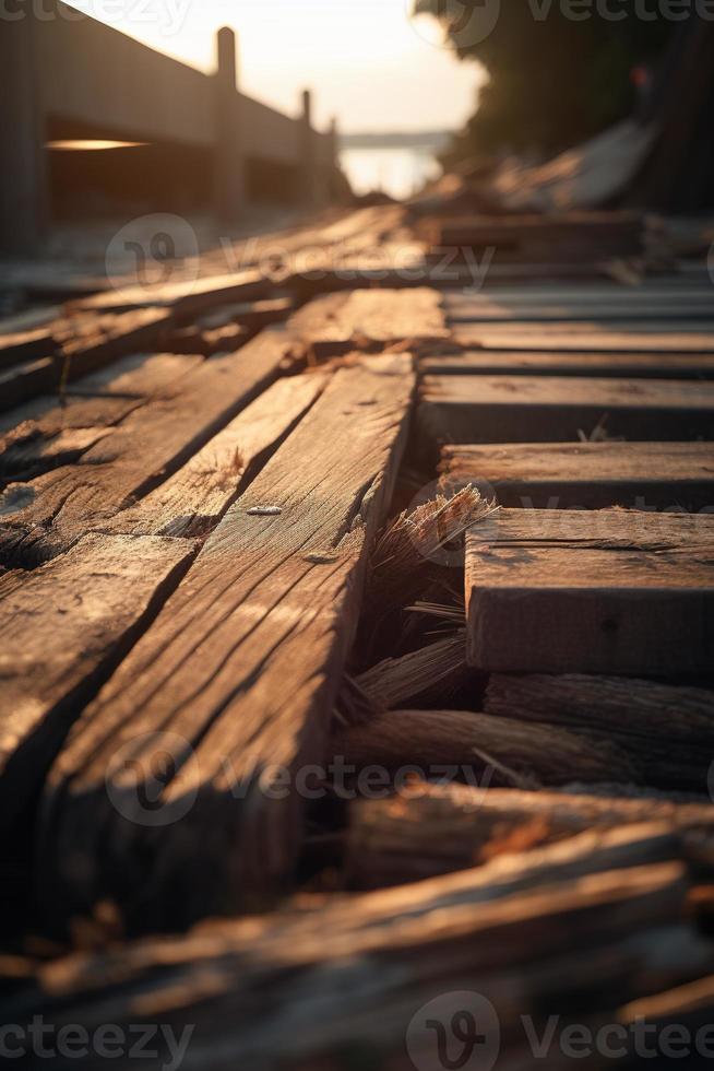 Old wooden pier on the beach at sunset. Selective focus photo