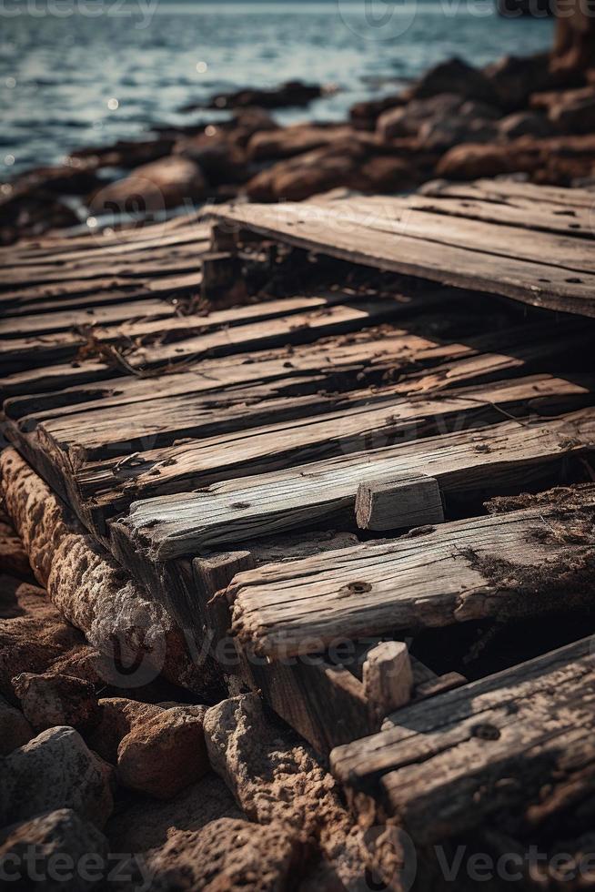 antiguo de madera muelle en el playa a puesta de sol. selectivo atención foto