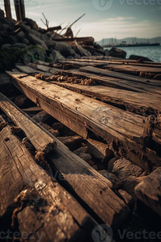 Old wooden pier on the beach at sunset. Selective focus photo