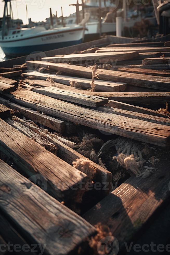 Old wooden pier on the beach at sunset. Selective focus photo