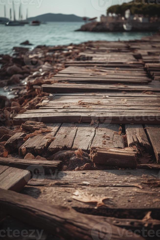 antiguo de madera muelle en el playa a puesta de sol. selectivo atención foto