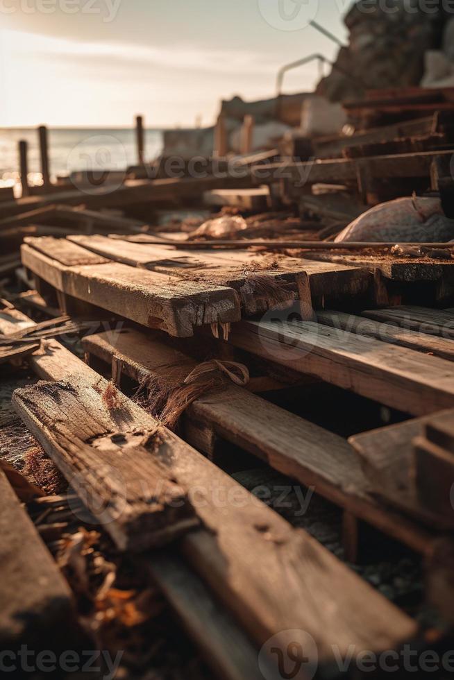 antiguo de madera muelle en el playa a puesta de sol. selectivo atención foto