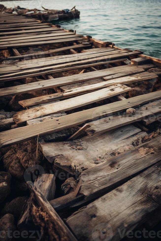 Old wooden pier on the beach at sunset. Selective focus photo