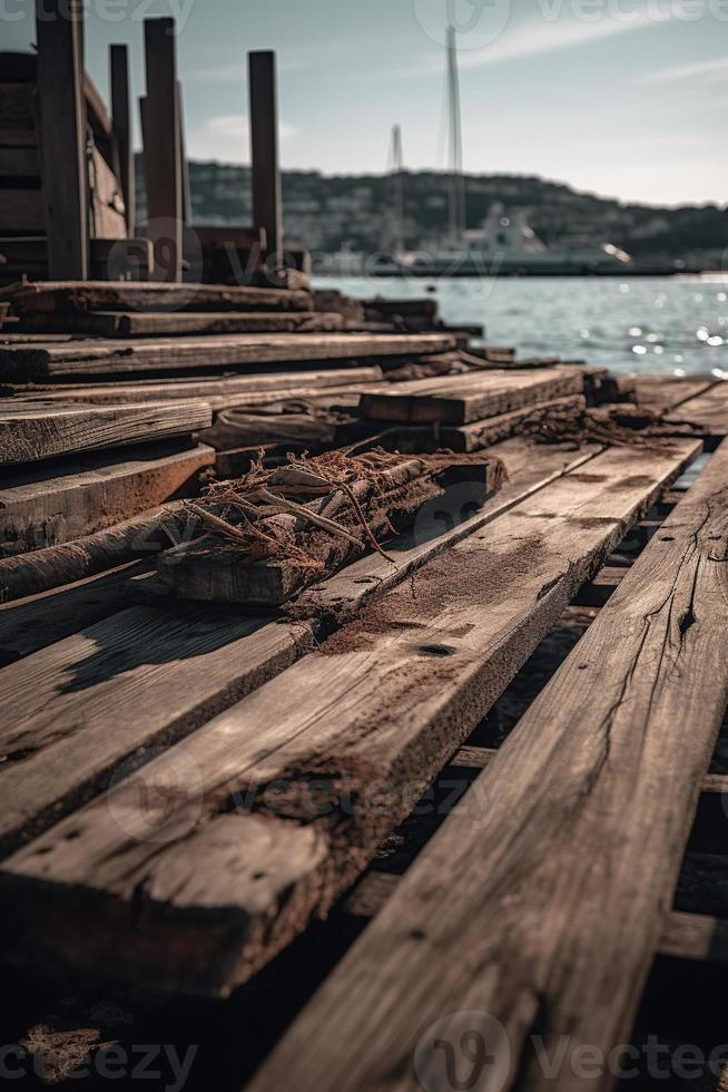 Old wooden pier on the beach at sunset. Selective focus photo