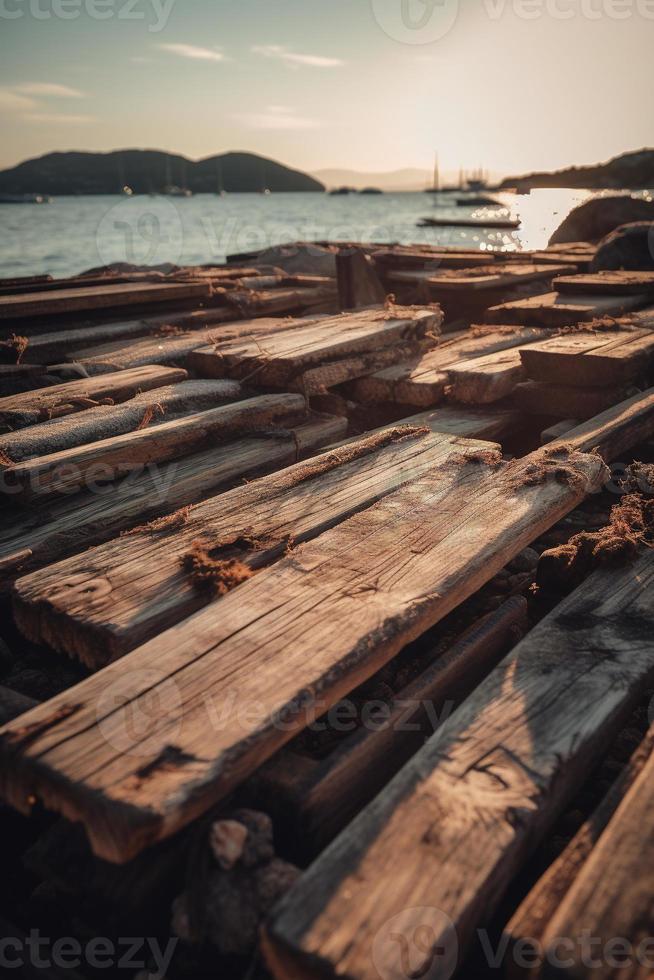 Old wooden pier on the beach at sunset. Selective focus photo