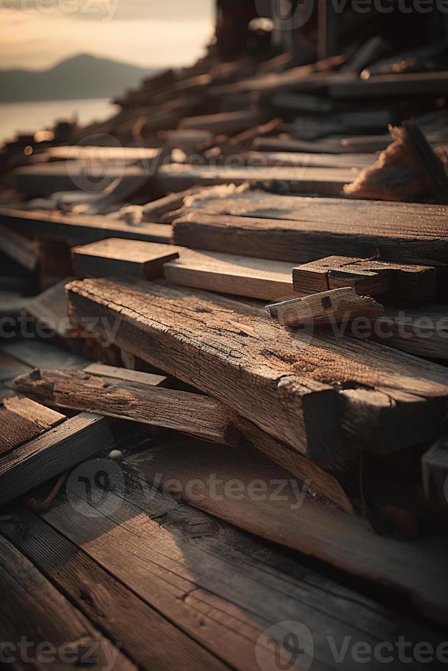 antiguo de madera muelle en el playa a puesta de sol. selectivo atención foto