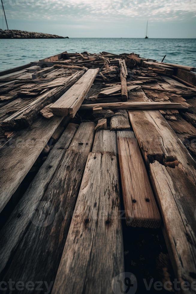 Old wooden pier on the beach at sunset. Selective focus photo