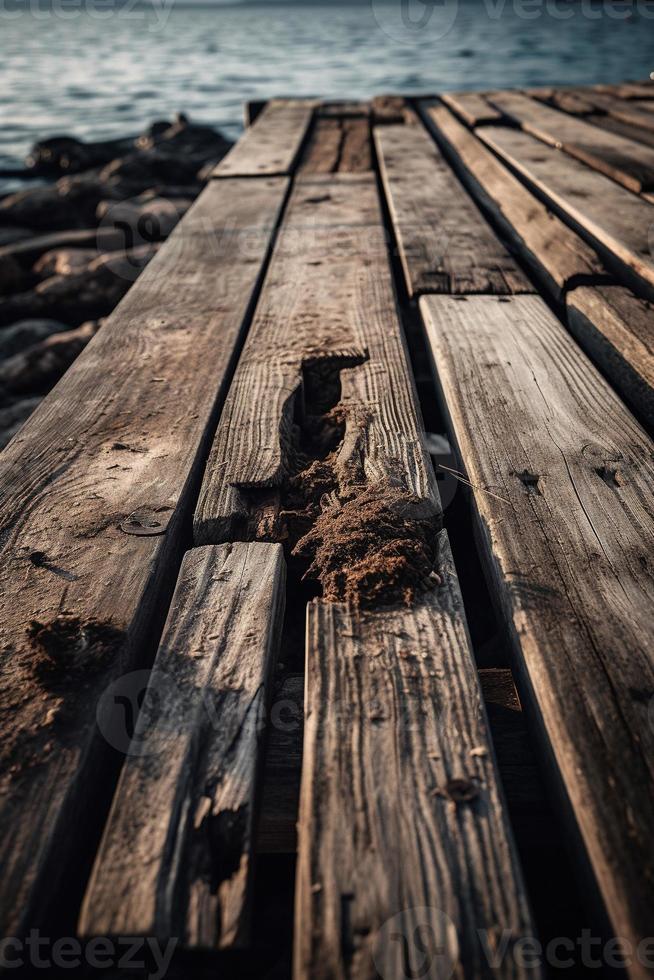 antiguo de madera muelle en el playa a puesta de sol. selectivo atención foto